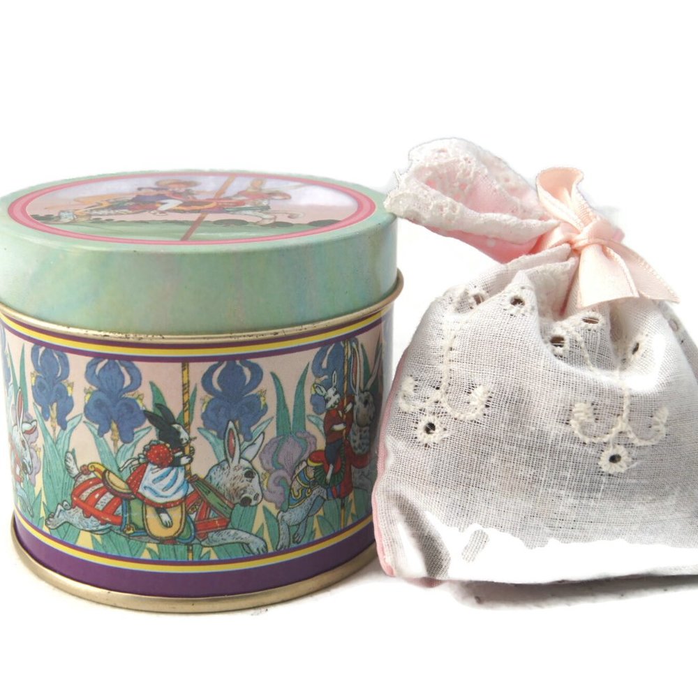 Vintage Small Tin Container The Heirloom Tradition Carousel Bunnies 1989 Laurie